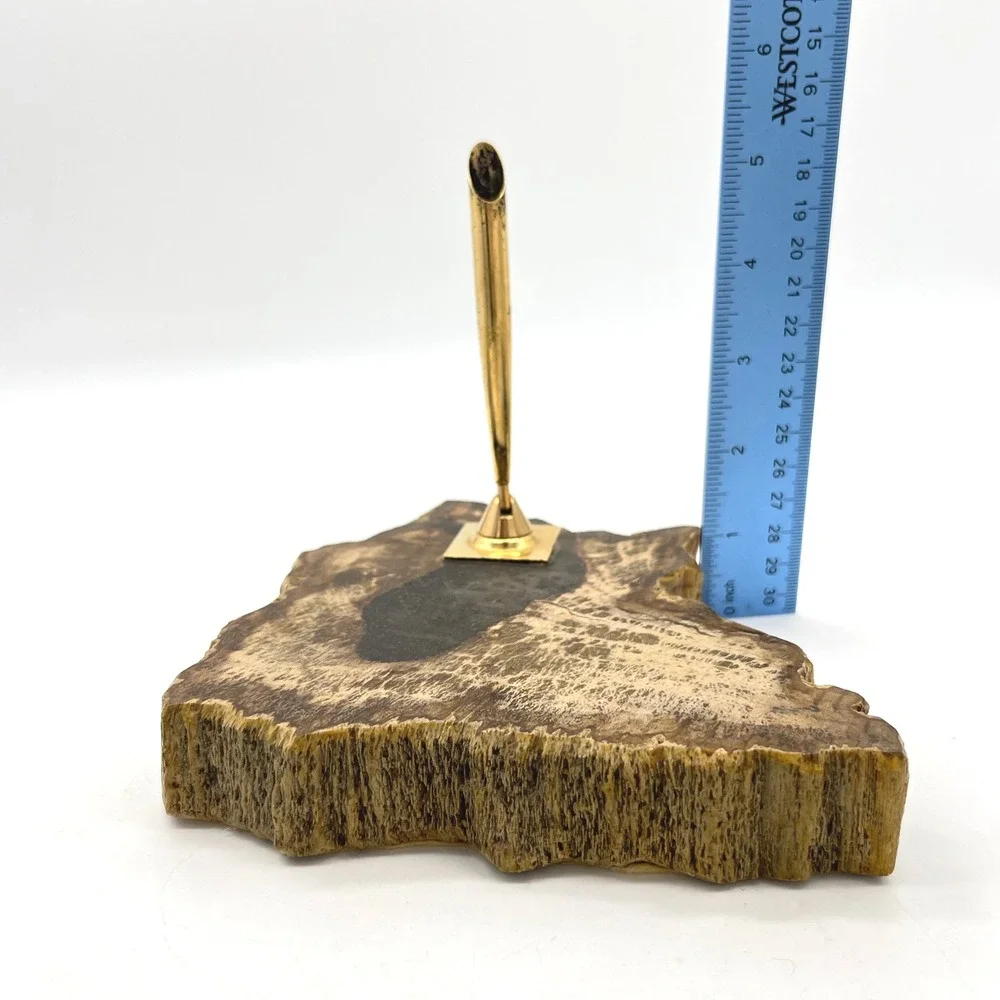 Vintage Petrified Wood Pen Holder with Gold‎ Tone Nib Holder Desk Accessory